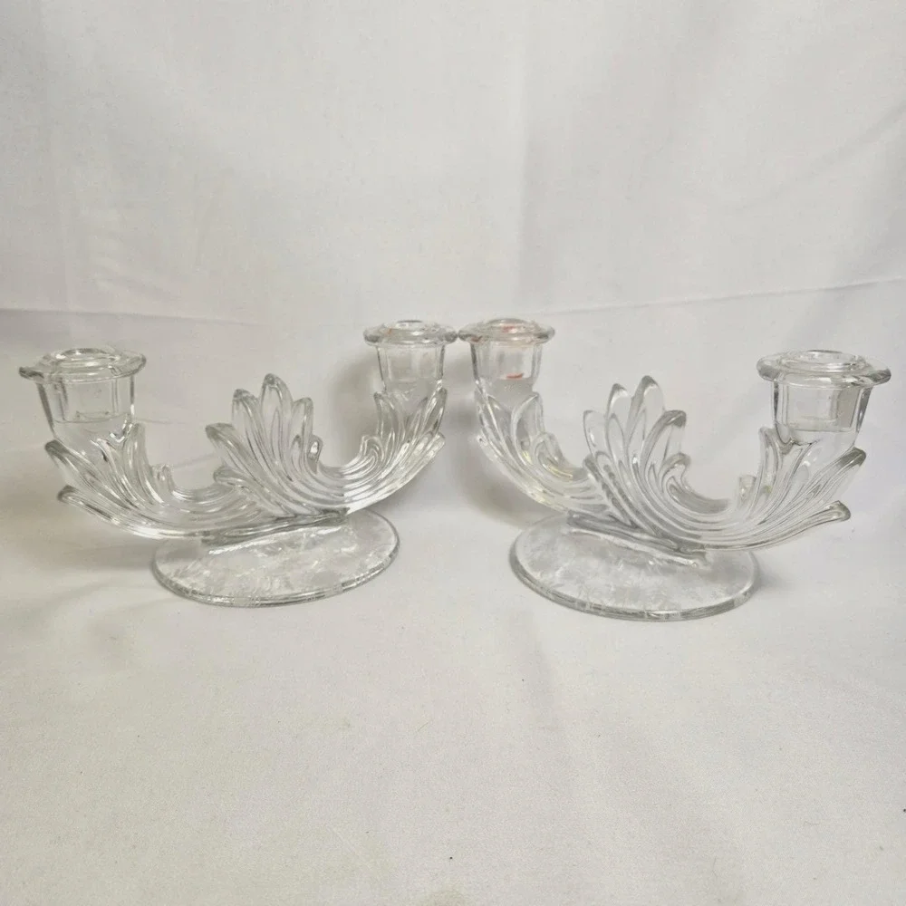 Fostoria Navarre Crystal Etched Double Candelabras, Matching Pair Vintage, Clear
